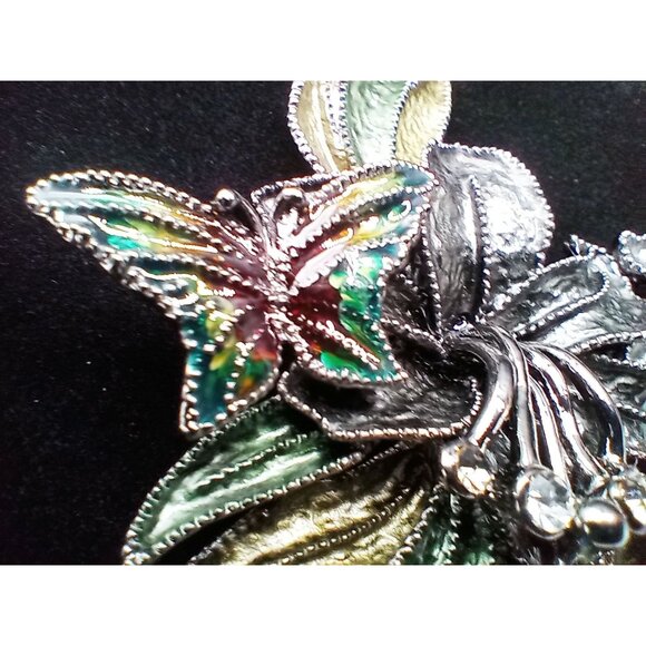 Floral & Butterfly Statement Necklace Rhinestone Accents Green Silver-Tone Metal - Picture 8 of 16